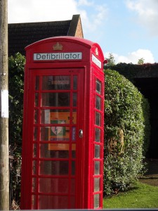 Defibrillator in an old phone box located near the community centre, a new addition to the community